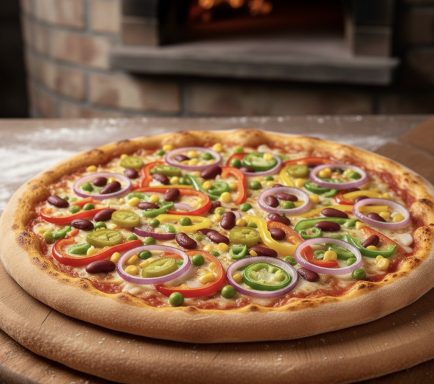 Eine frisch gebackene Pizza mit buntem Gemüse und Käse auf einem Holzteller.